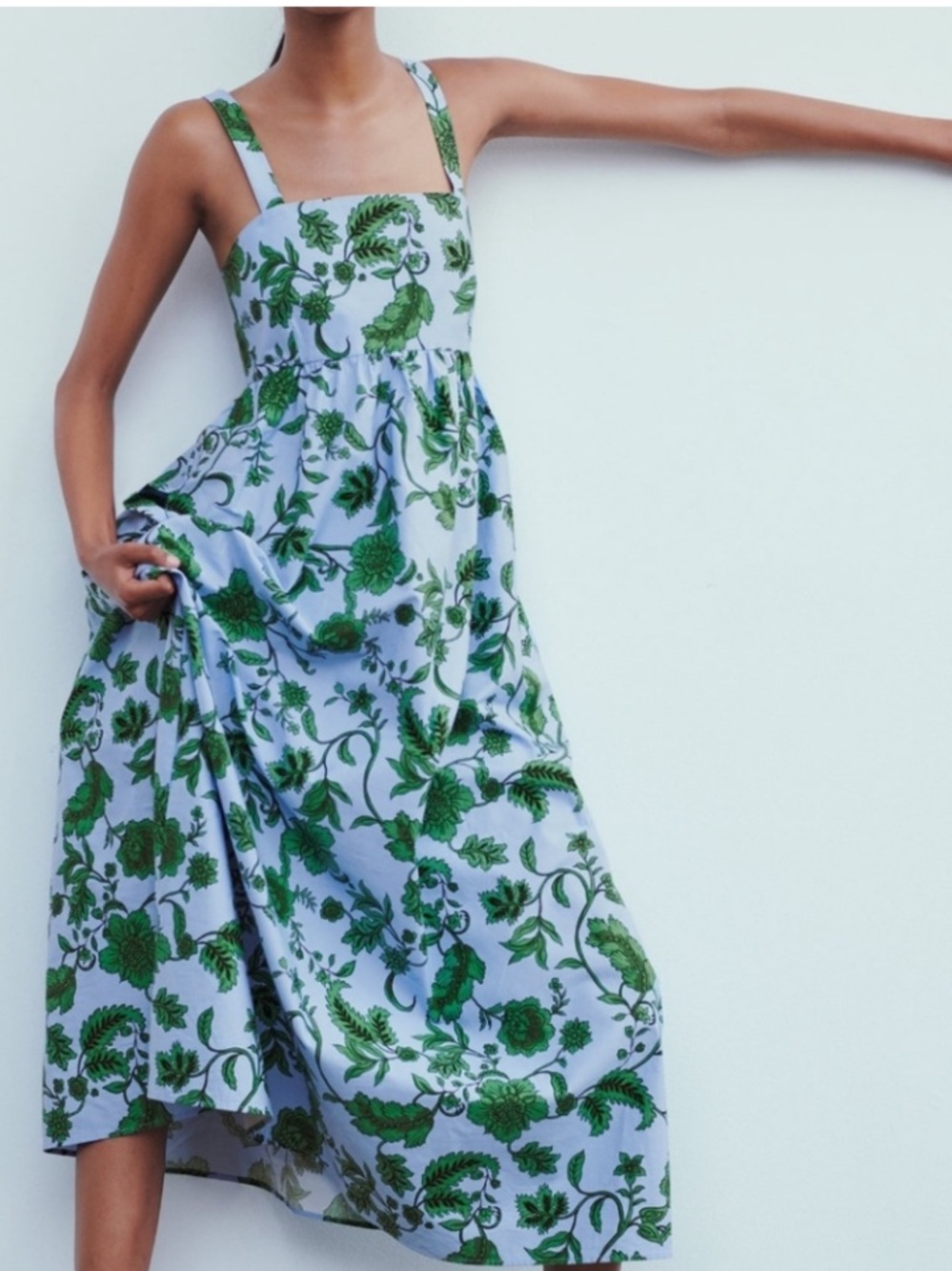 Zara Botanical Blue w/Green Floral Print Cotton Midi/Maxi Dress Size S - Picture 7 of 9